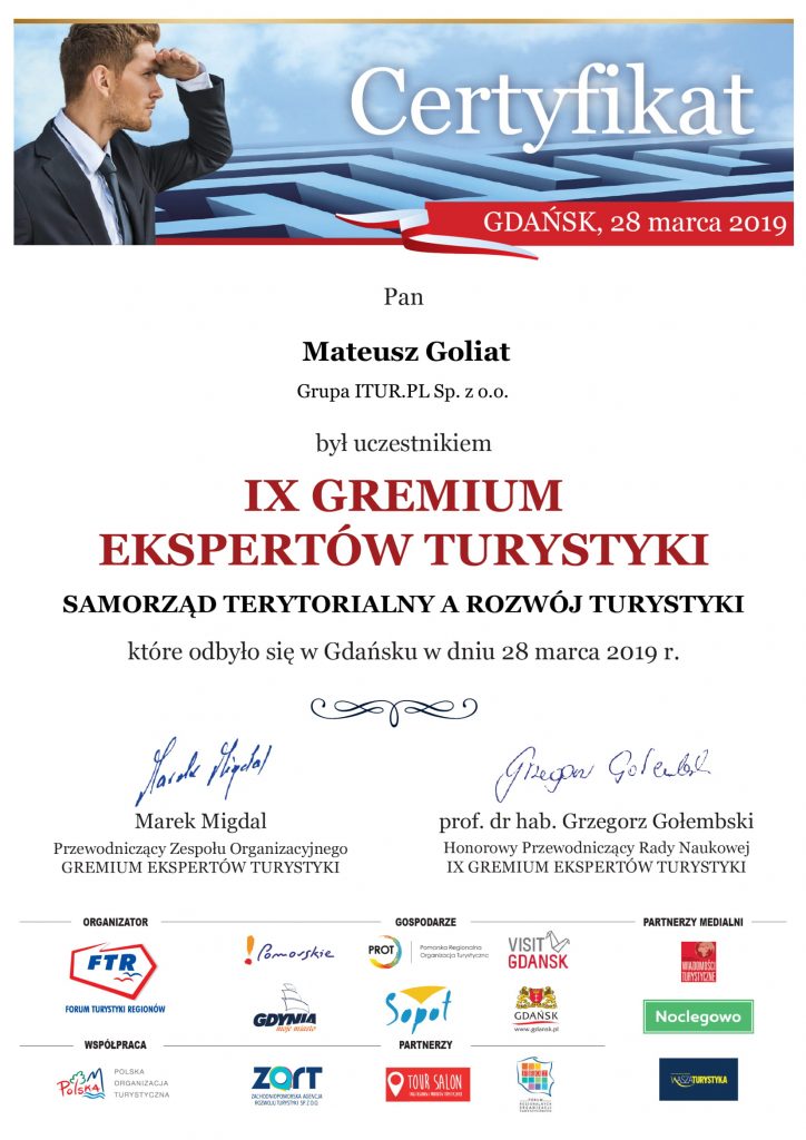 Najem krótkoterminowy - szansa czy przekleństwo władz miast i gmin turystycznych Goliat Mateusz certyfikat IX GET 1 724x1024 - Najem krótkoterminowy - szansa czy przekleństwo władz miast i gmin turystycznych